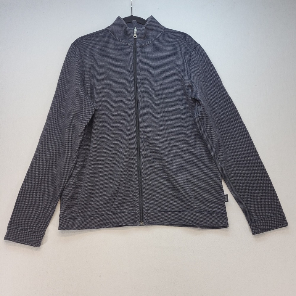 Hugo Boss Full Zip Jacket Mens L Gray Textured Cotton Blend Mock Neck